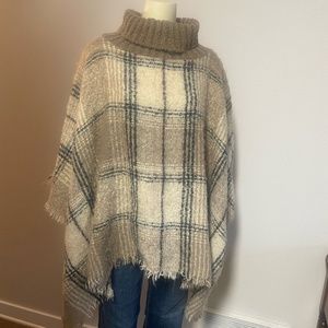 World Market Taupe and Ivory Windowpane Turtleneck Boucle Poncho one size